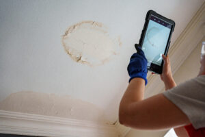 A person wearing blue gloves takes a photo of a water-stained and cracked ceiling with a tablet, documenting visible damage near the edge of the ceiling.